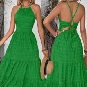 Women's Casual Tie-Back Ruched Hem Long Dress Maxi Vacation Beach